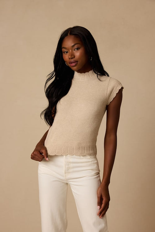 Tilda Beige Cap Sleeve Scalloped Sweater Top