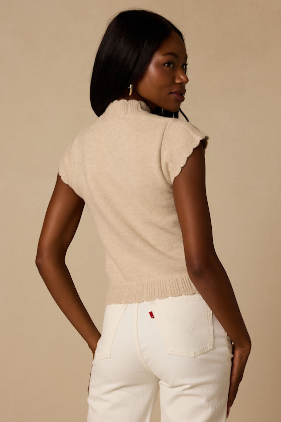 Tilda Beige Cap Sleeve Scalloped Sweater Top