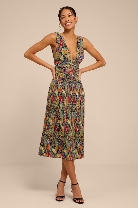 Kelina Black Multi Floral Pleated Drop Waist Midi Dress