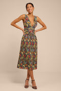 Kelina Black Multi Floral Pleated Drop Waist Midi Dress
