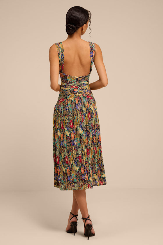 Kelina Black Multi Floral Pleated Drop Waist Midi Dress