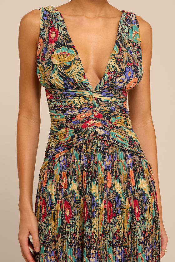Kelina Black Multi Floral Pleated Drop Waist Midi Dress