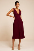 Kelina Burgundy Pleated Drop Waist Midi Dress