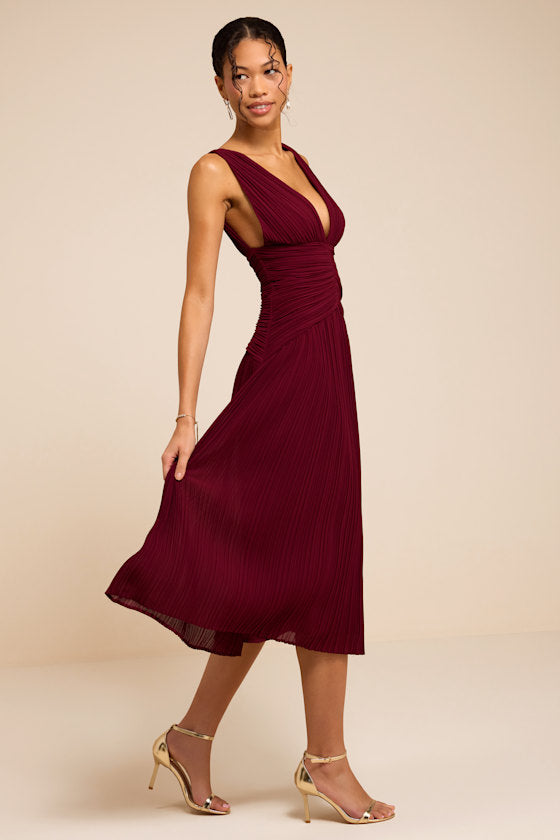 Kelina Burgundy Pleated Drop Waist Midi Dress
