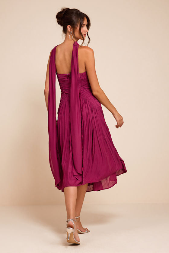 Nellie Berry Pink Pleated Midi Dress and Scarf Set