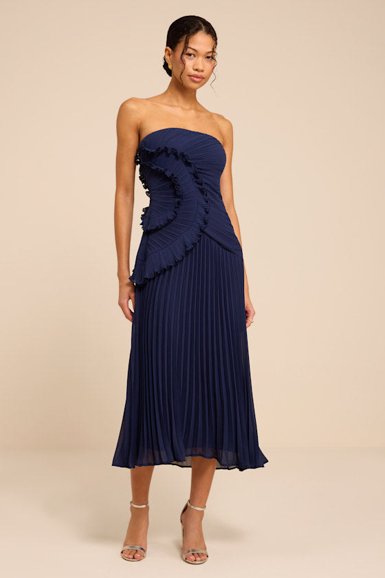 Brylee Navy Pleated Ruffled Midi Dress