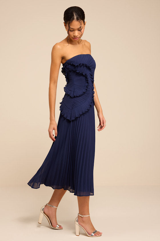 Brylee Navy Pleated Ruffled Midi Dress