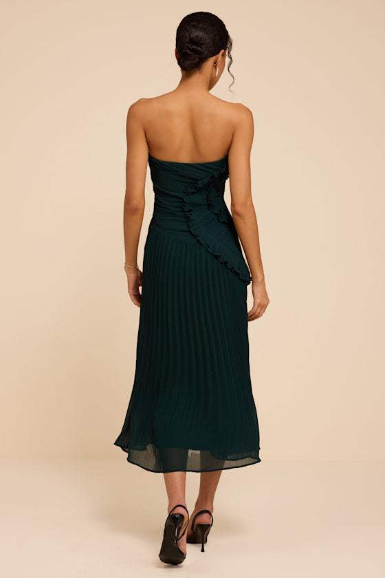 Brylee Emerald Pleated Ruffled Midi Dress