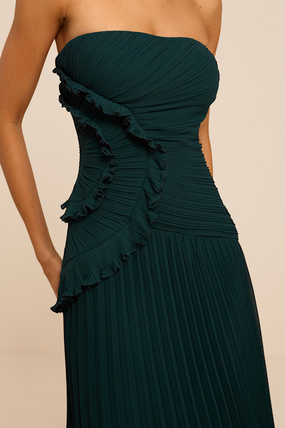 Brylee Emerald Pleated Ruffled Midi Dress