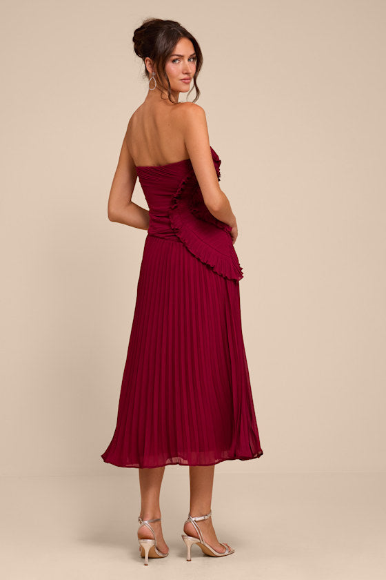 Brylee Burgundy Pleated Ruffled Midi Dress
