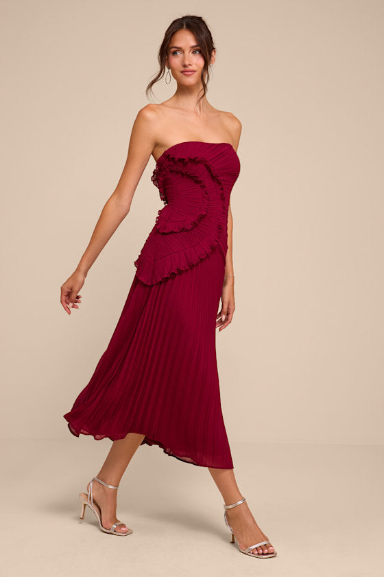 Brylee Burgundy Pleated Ruffled Midi Dress