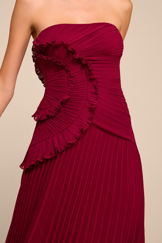 Brylee Burgundy Pleated Ruffled Midi Dress