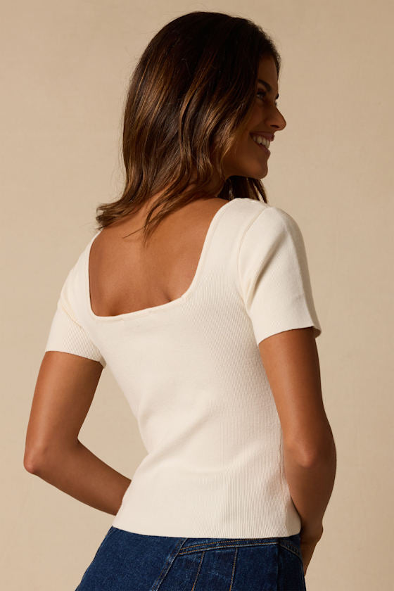 Dalida Ivory Ribbed Knit Short Sleeve Top