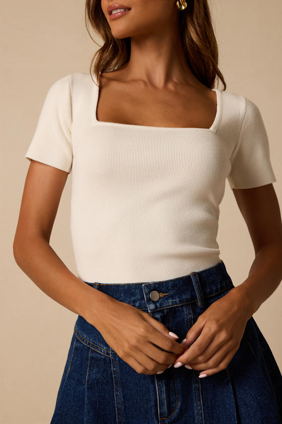 Dalida Ivory Ribbed Knit Short Sleeve Top