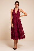 Kennia Burgundy 3D Floral Embroidered Halter Midi Dress