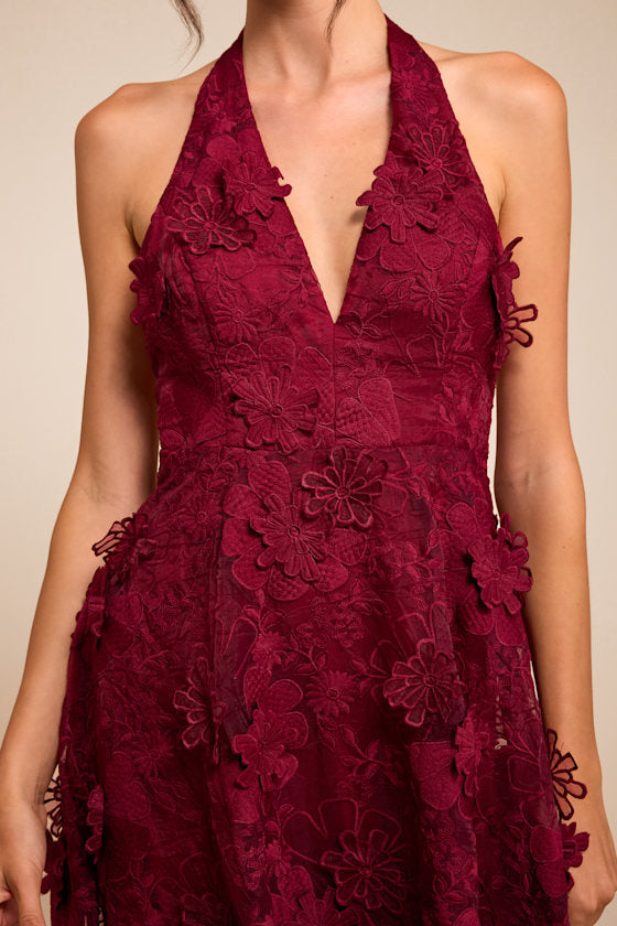 Kennia Burgundy 3D Floral Embroidered Halter Midi Dress