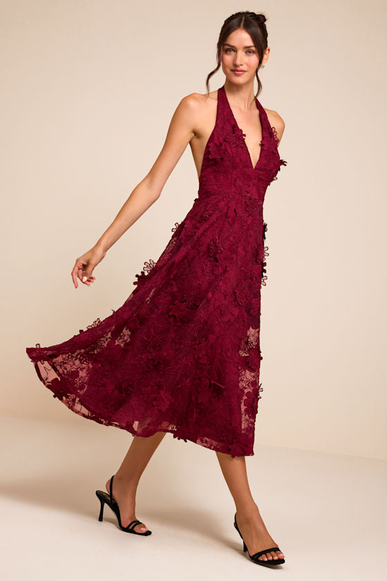 Kennia Burgundy 3D Floral Embroidered Halter Midi Dress