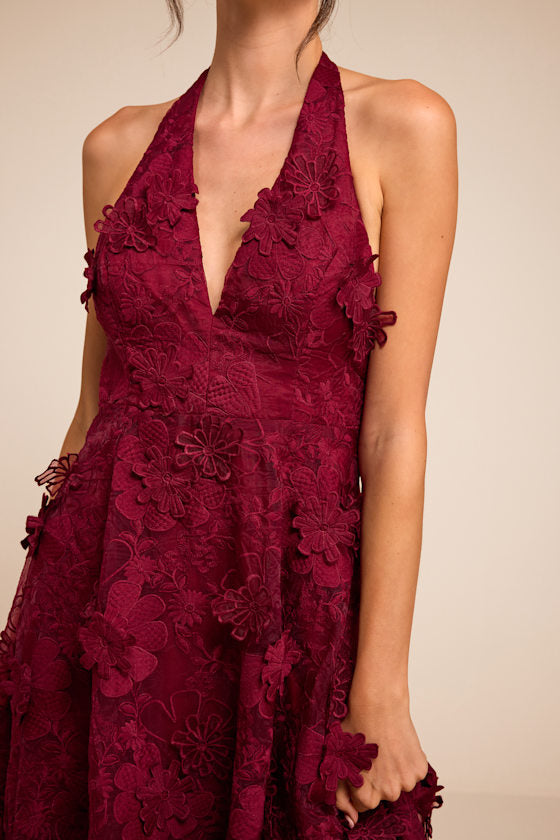 Kennia Burgundy 3D Floral Embroidered Halter Midi Dress