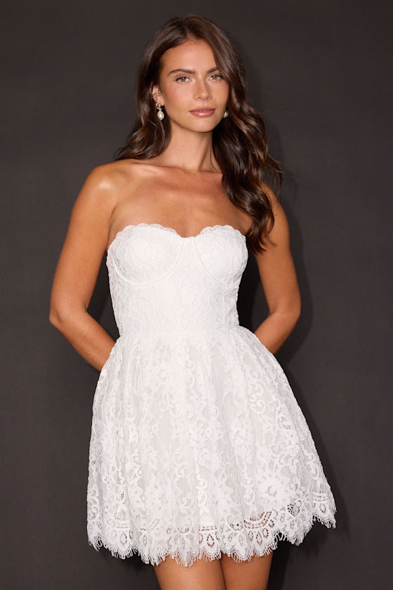 Maisie White Lace Bustier Skater Mini Dress