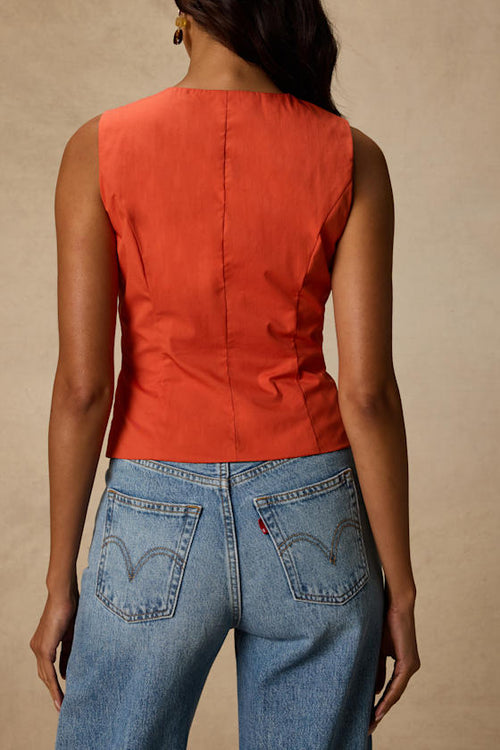 Seasonally Lovely Orange Scalloped Button-Front Poplin Top