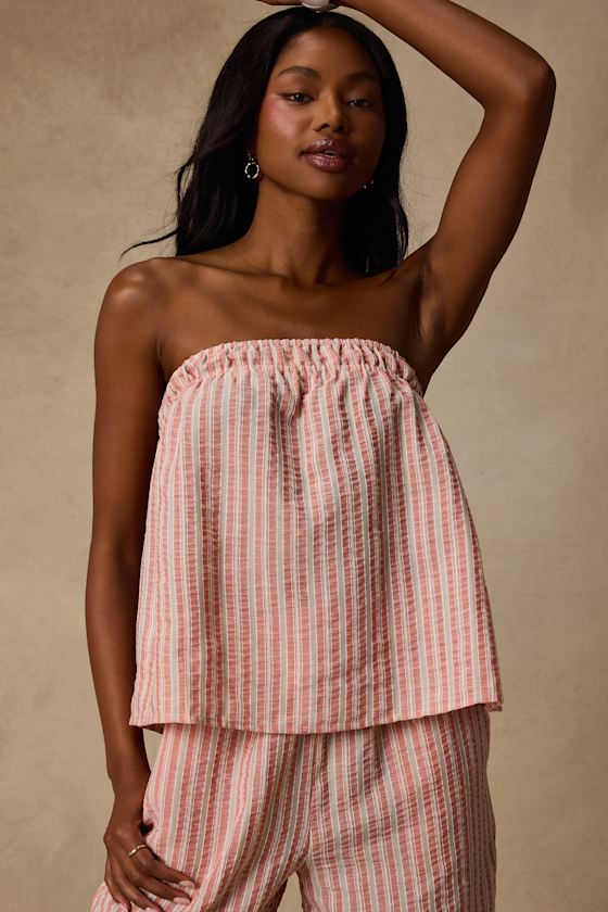 Billie Pink Striped Cotton Strapless Top