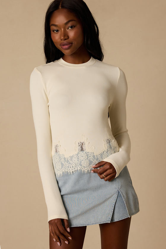 Clarise Ivory Ribbed Knit Lace Long Sleeve Top