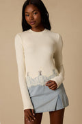 Clarise Ivory Ribbed Knit Lace Long Sleeve Top