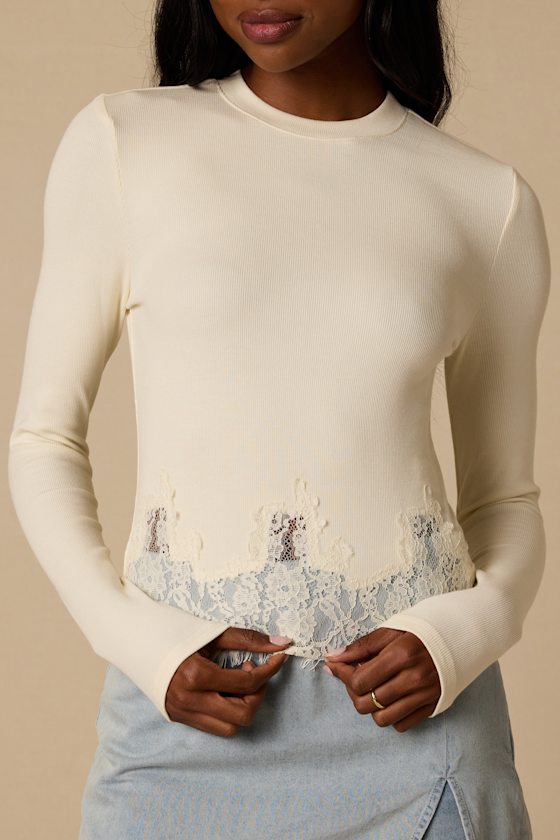 Clarise Ivory Ribbed Knit Lace Long Sleeve Top