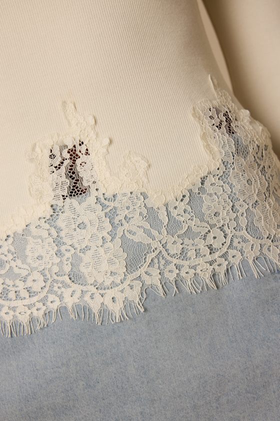 Clarise Ivory Ribbed Knit Lace Long Sleeve Top