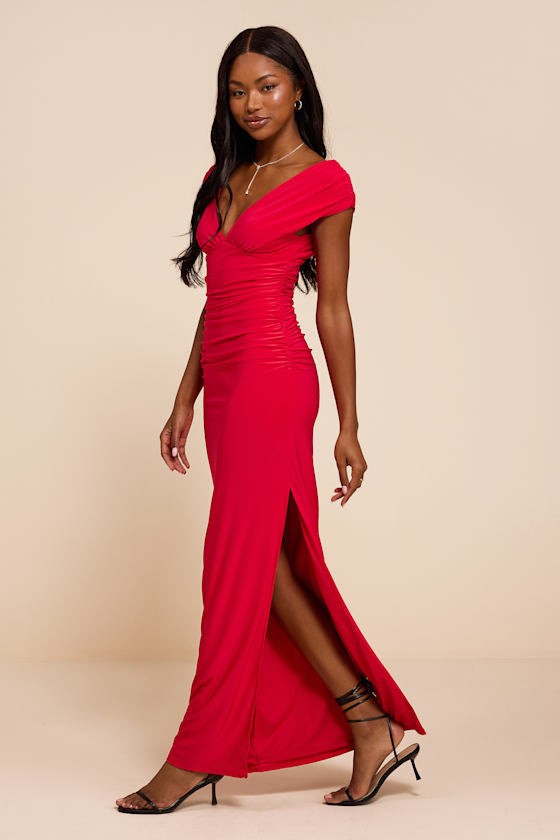 Ula Red Jersey Knit Column Maxi Dress