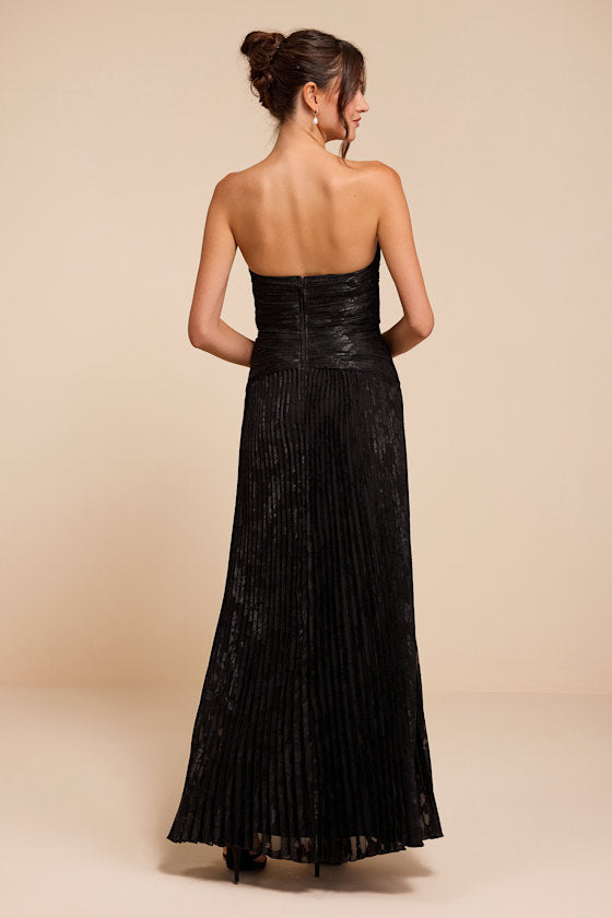 Marlene Black Floral Pleated Drop Waist Maxi Dress