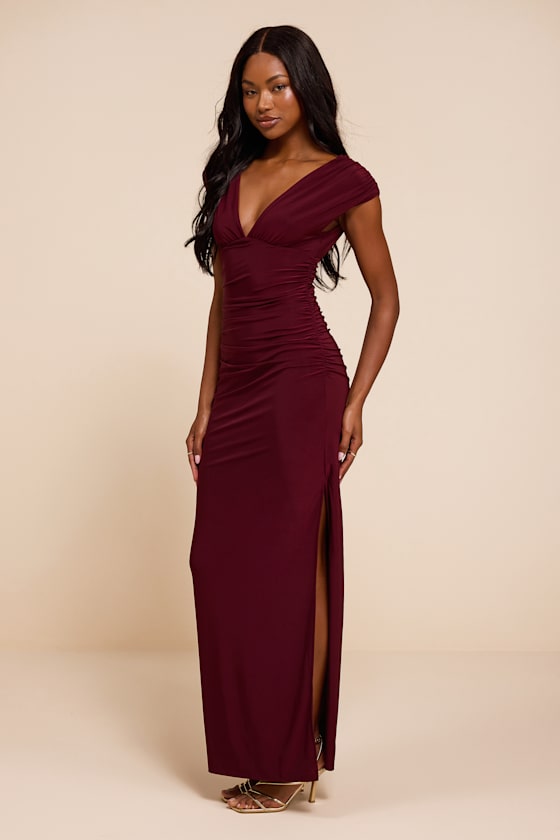 Ula Burgundy Jersey Knit Column Maxi Dress