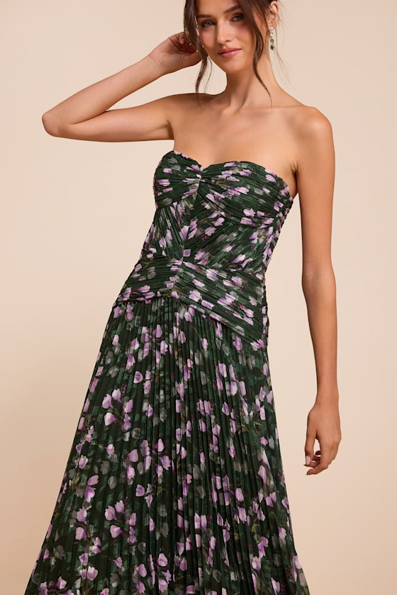 Marlene Dark Green Floral Pleated Drop Waist Maxi Dress