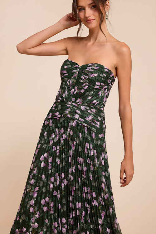 Marlene Dark Green Floral Pleated Drop Waist Maxi Dress