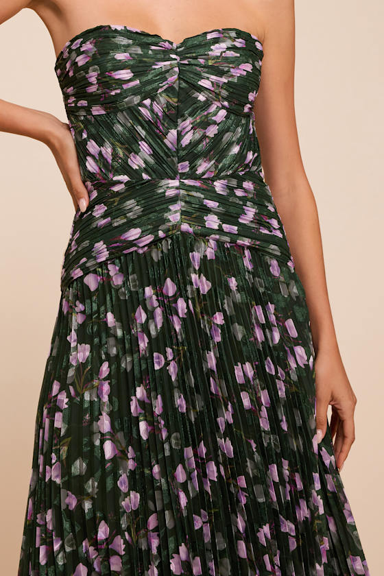 Marlene Dark Green Floral Pleated Drop Waist Maxi Dress
