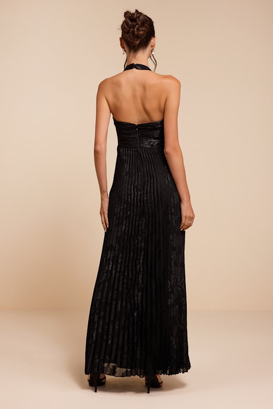 Krystal Black Floral Pleated Halter Maxi Dress