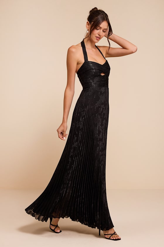 Krystal Black Floral Pleated Halter Maxi Dress