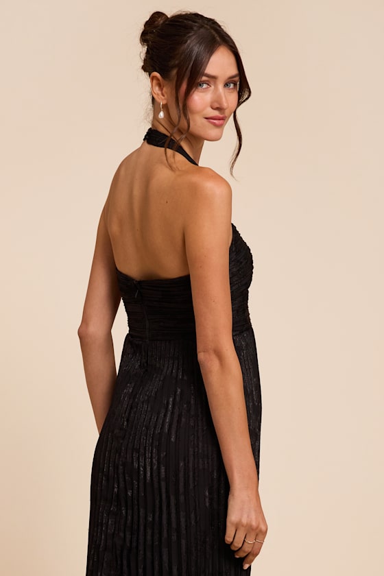 Krystal Black Floral Pleated Halter Maxi Dress