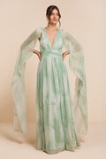 Damaria Sage Multi Abstract Cape Sleeve Maxi Dress