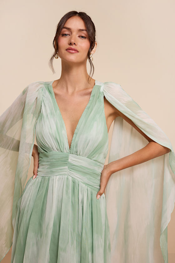 Damaria Sage Multi Abstract Cape Sleeve Maxi Dress