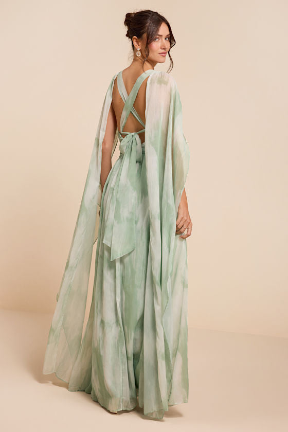 Damaria Sage Multi Abstract Cape Sleeve Maxi Dress
