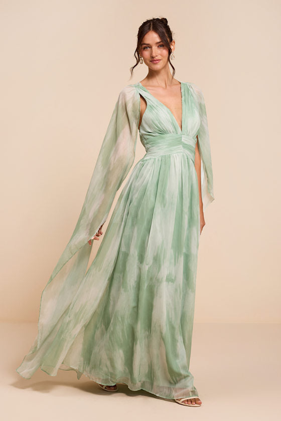 Damaria Sage Multi Abstract Cape Sleeve Maxi Dress