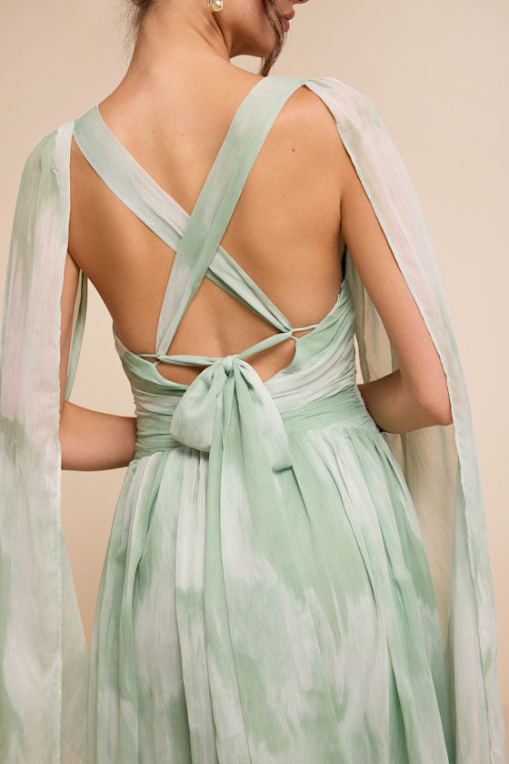 Damaria Sage Multi Abstract Cape Sleeve Maxi Dress
