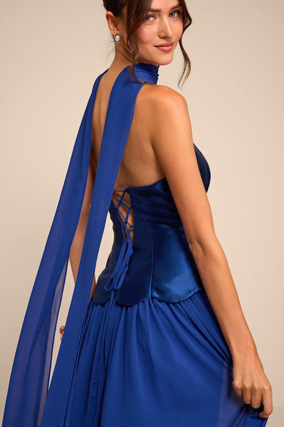 Kadence Navy Mixed Media Maxi Dress and Scarf Set