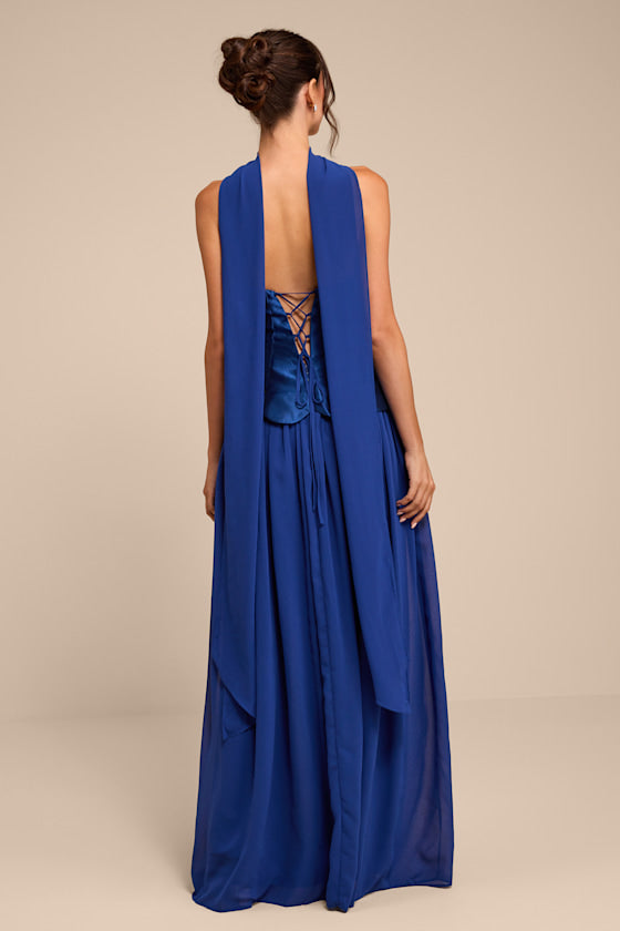 Kadence Navy Mixed Media Maxi Dress and Scarf Set