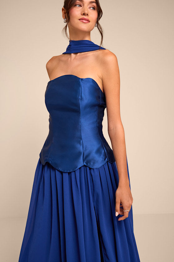 Kadence Navy Mixed Media Maxi Dress and Scarf Set