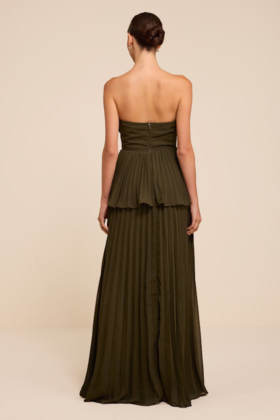 Daniela Olive Pleated Strapless Maxi Dress