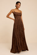 Ashyr Brown Satin Jacquard Pleated Maxi Dress