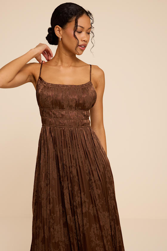 Ashyr Brown Satin Jacquard Pleated Maxi Dress
