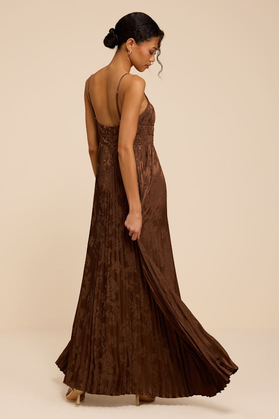 Ashyr Brown Satin Jacquard Pleated Maxi Dress